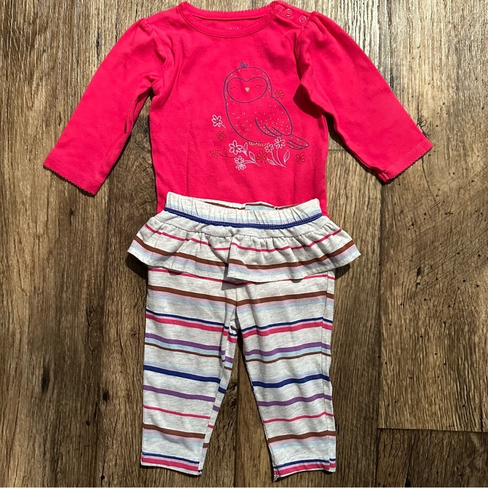 Carter’s Baby Girl Owl Outfit Set‎ Pink Striped Bodysuit Pants 6M